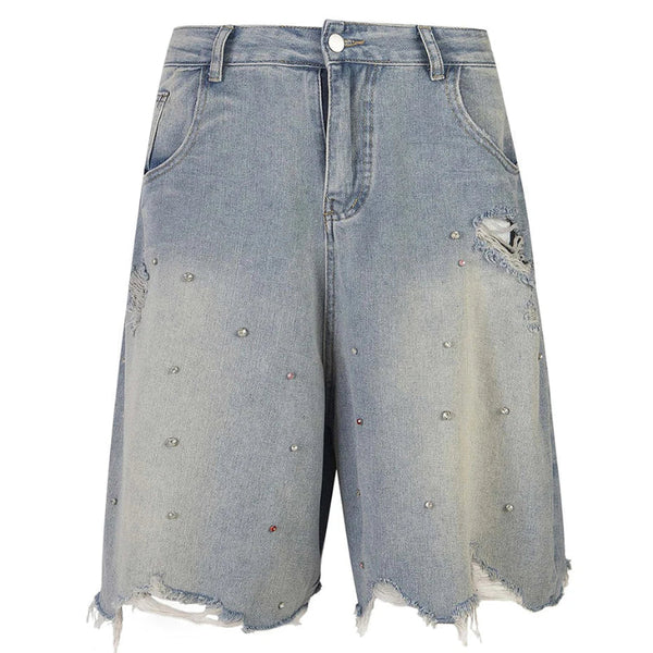 Distressed Y2K Rhinestone Studded Denim Shorts Jorts — vista frontale