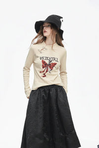 Irregular Button Collar Bow Graphic Long Sleeve Top — dettaglio