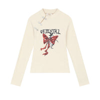 Irregular Button Collar Bow Graphic Long Sleeve Top — vista frontale
