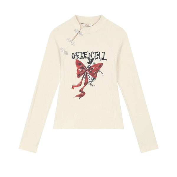 Irregular Button Collar Bow Graphic Long Sleeve Top — vista frontale
