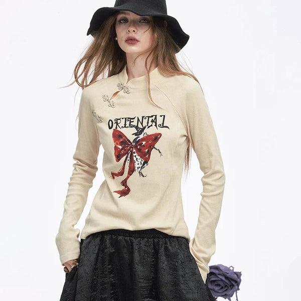 Y2K Irregular Button Collar Bow Graphic Long Sleeve Top
