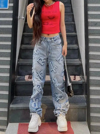 Embroidered Patchwork Y2K Baggy Low Waist 90S Jeans — dettaglio della stampa