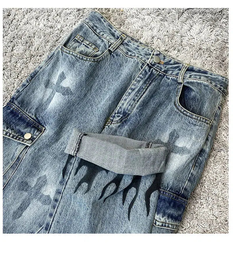 Flame Y2K Cross Graphic Print Straight Baggy Jeans — dettaglio