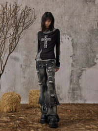 Gothic Wasteland Punk Y2K Trashy Off Shoulder Long Sleeve Top — vista posteriore