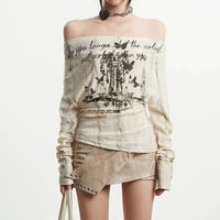 Gothic Y2K Lace Up Grunge Off Shoulder Graphic Long Sleeve Top — dettaglio della stampa