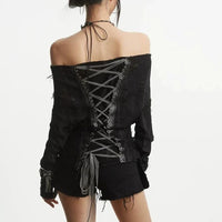 Gothic Y2K Lace Up Grunge Off Shoulder Graphic Long Sleeve Top — vista frontale