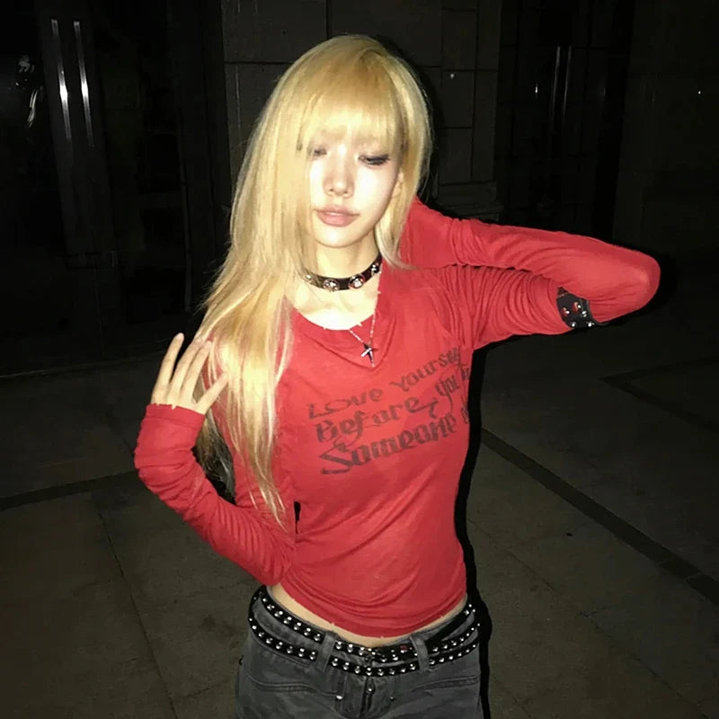 Grunge Y2K Aesthetic Letter Graphic Print Long Sleeve Top — dettaglio