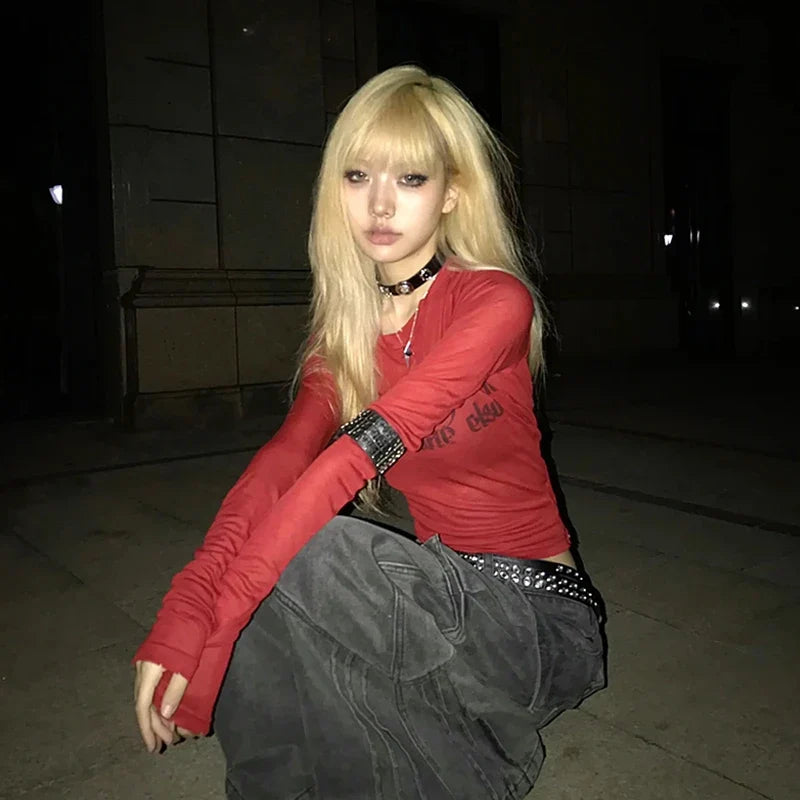 Grunge Y2K Aesthetic Letter Graphic Print Long Sleeve Top — in alternativa