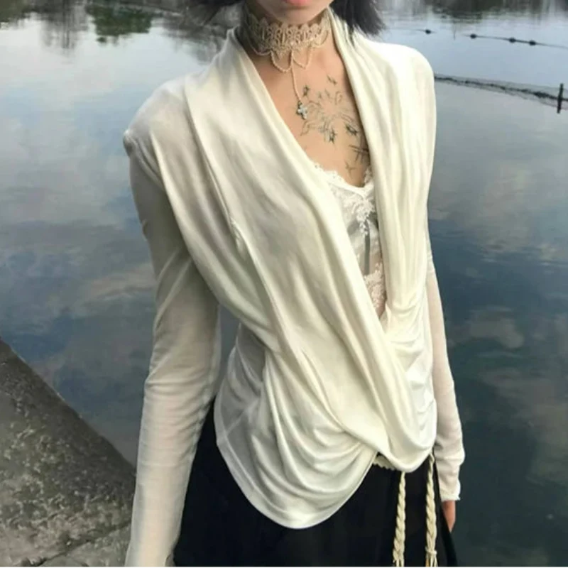 Grunge Y2K Plunge Low Cut Long Sleeve Top — vista posteriore