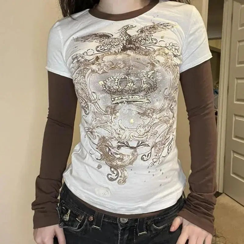 Grunge Y2K Retro Graphic Mock Long Sleeve Top — vista frontale