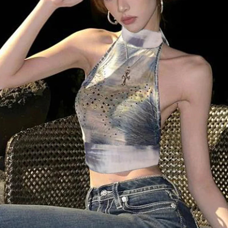 Grunge Y2K Rhinestone Butterfly Crop Halter Top — dettaglio della stampa