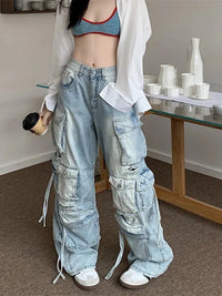 Grunge Y2K Washed Blue Baggy Ripped Cargo Jeans — vista posteriore