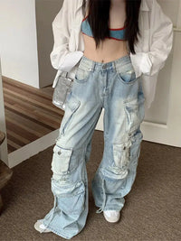 Grunge Y2K Washed Blue Baggy Ripped Cargo Jeans — dettaglio