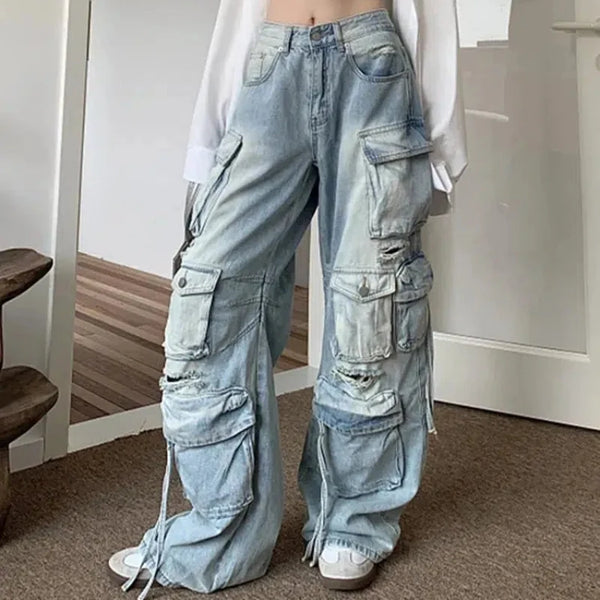 Grunge Y2K Washed Blue Baggy Ripped Cargo Jeans — vista frontale