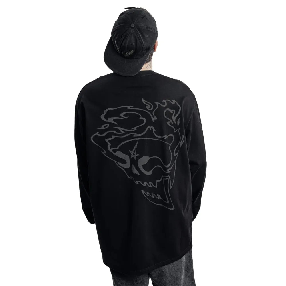 Satan Club Graphic Print Long Sleeve Top T Shirt — vista laterale