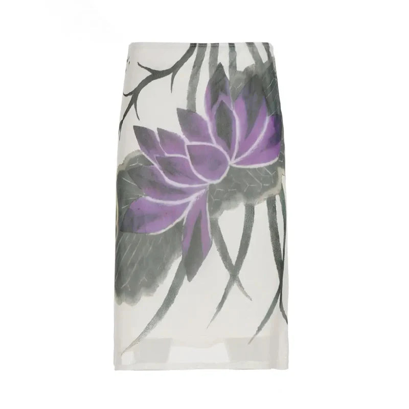 High Waist Y2K Mesh Lotus Print Midi Skirt — vista laterale