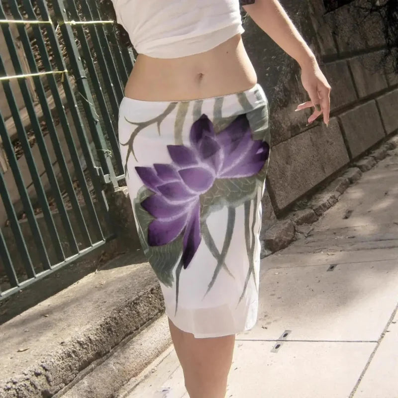 High Waist Y2K Mesh Lotus Print Midi Skirt — vista posteriore