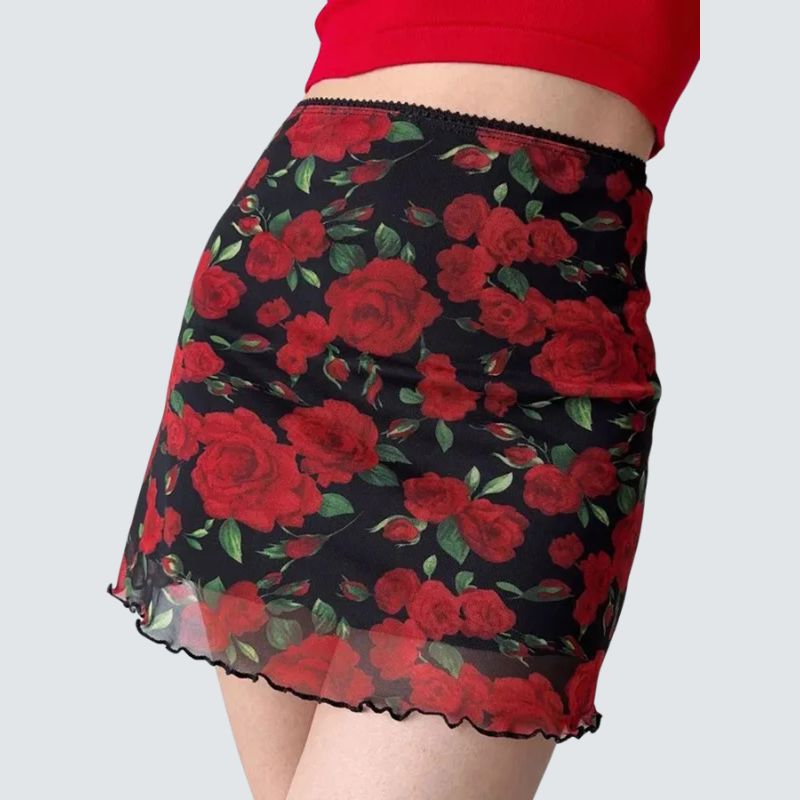 High Waist Y2K Mesh Rose Print Mini Skirt — dettaglio della stampa