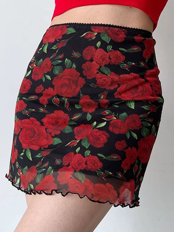 High Waist Y2K Mesh Rose Print Mini Skirt — vista frontale