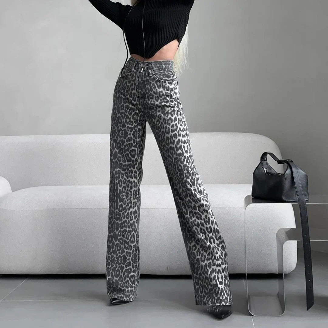 High Waist Y2K Snow Leopard Print Flares — dettaglio