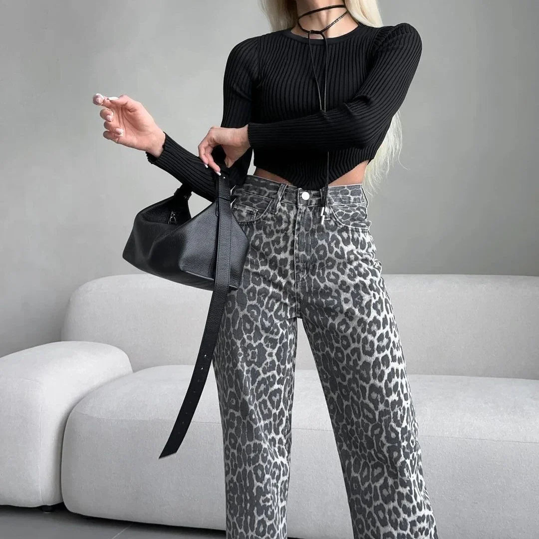High Waist Y2K Snow Leopard Print Flares — vista laterale