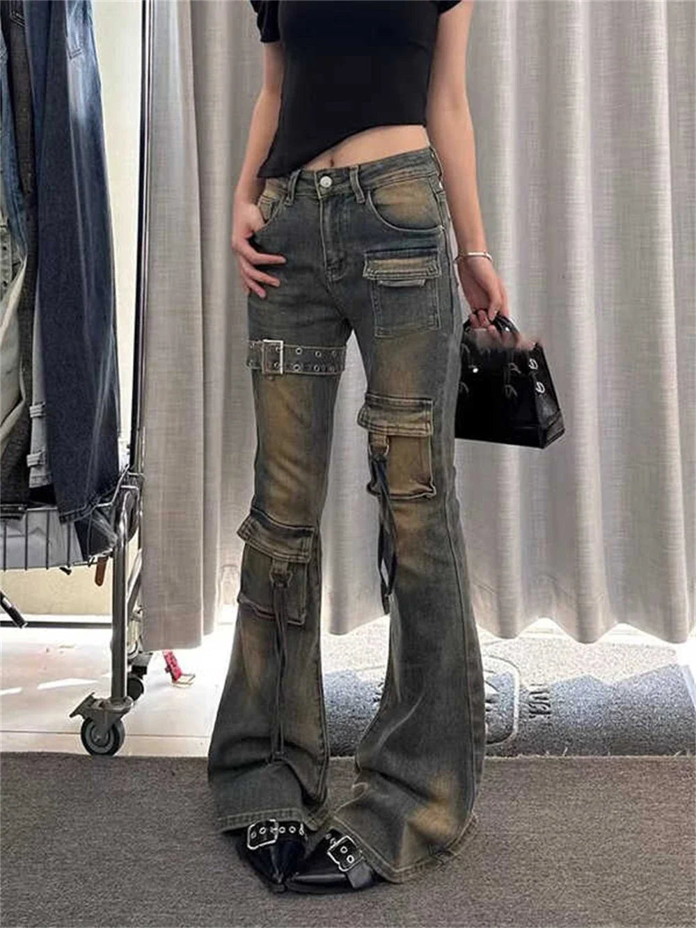 High Waist Y2K Washed Cargo Flared Jeans — in alternativa