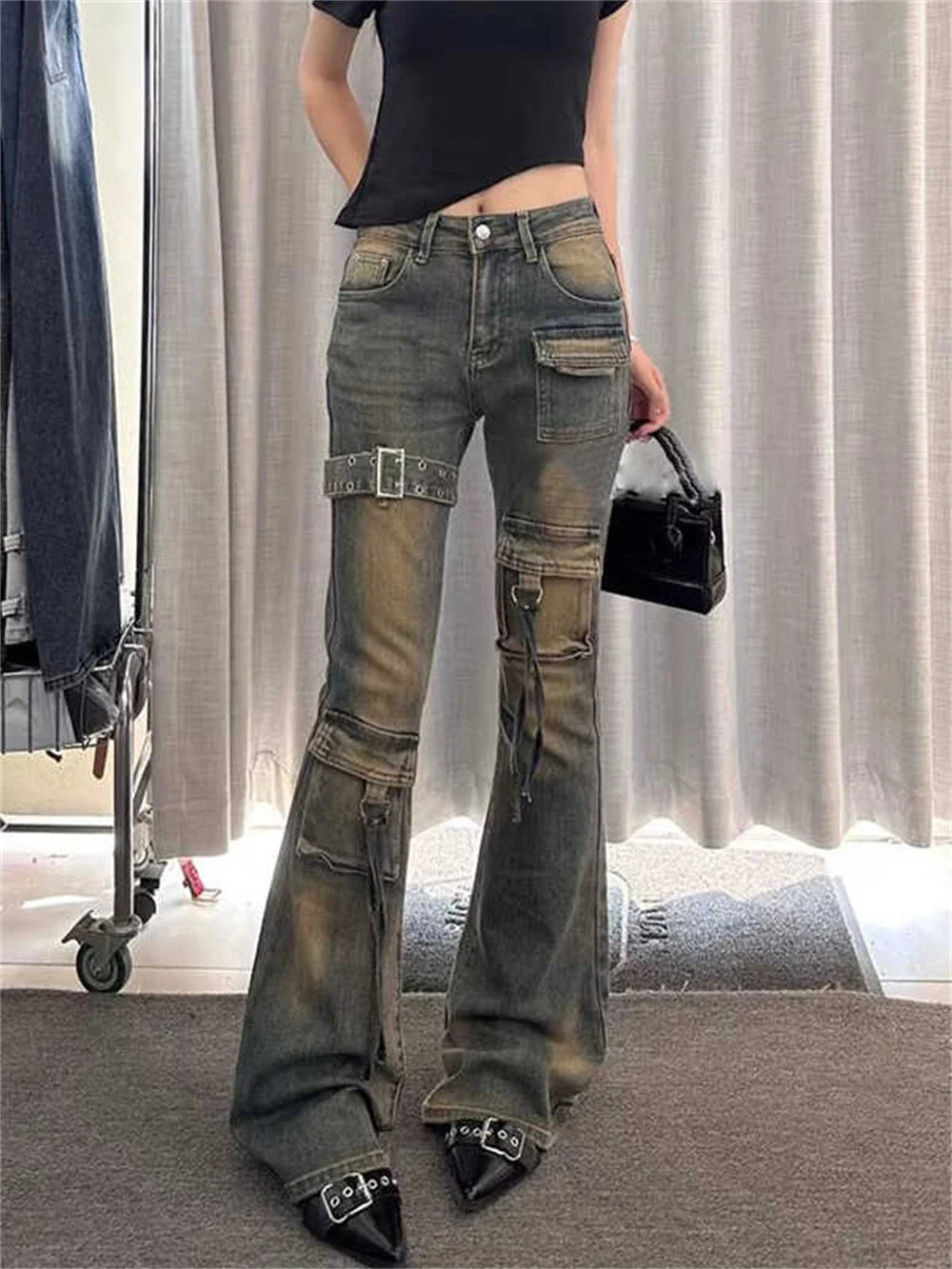 High Waist Y2K Washed Cargo Flared Jeans — vista frontale