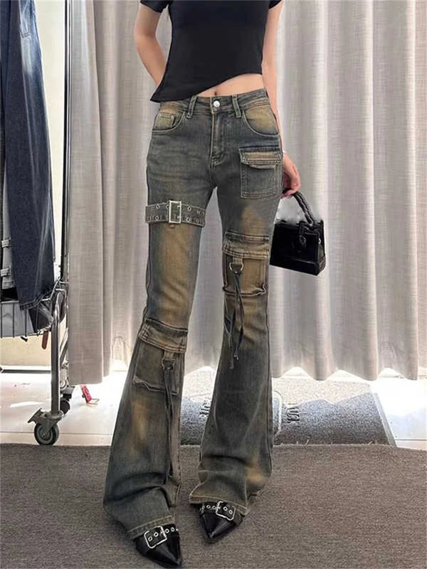 High Waist Y2K Washed Cargo Flared Jeans — vista frontale