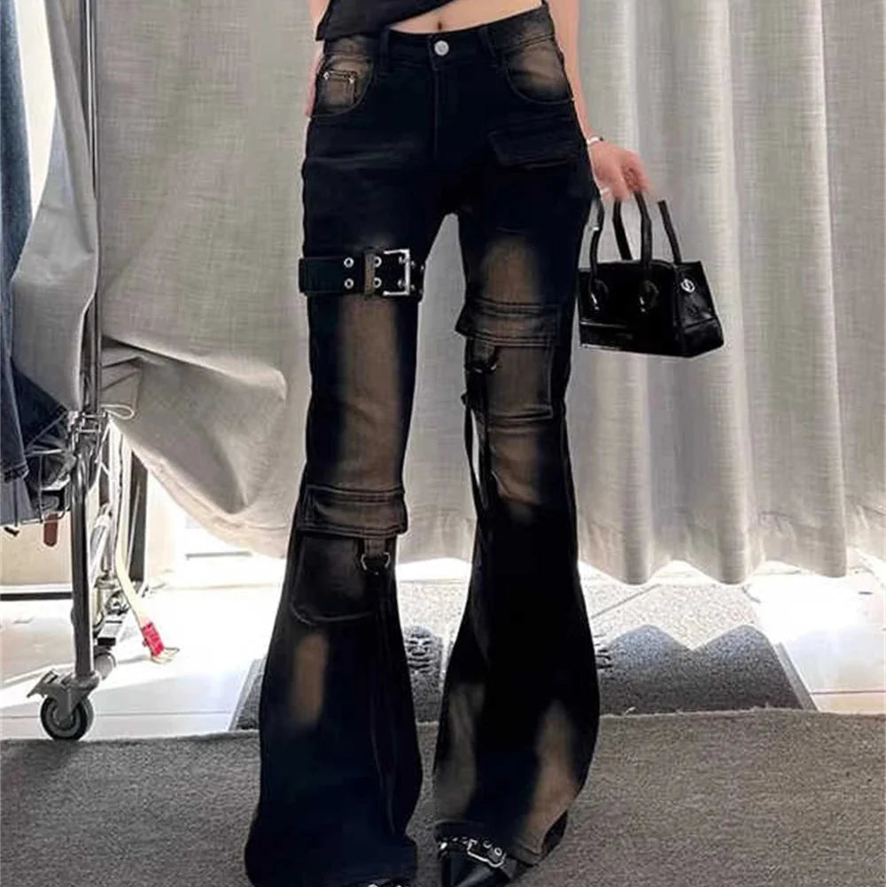 High Waist Y2K Washed Cargo Flared Jeans — dettaglio