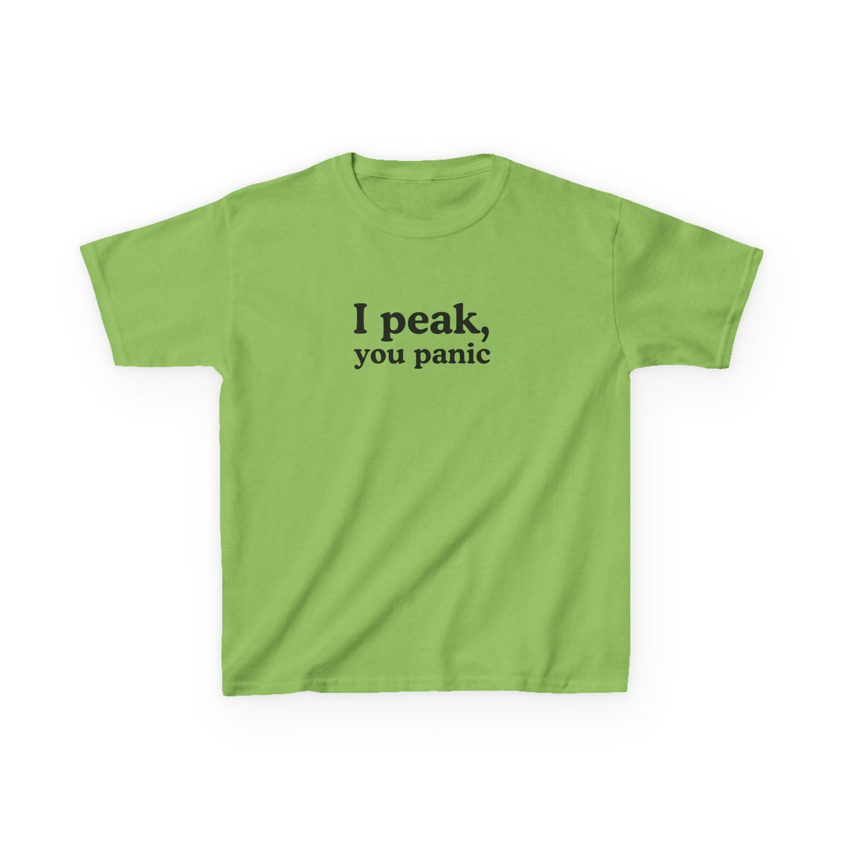I Peak, You Panic Brat Baby Tee — vista laterale