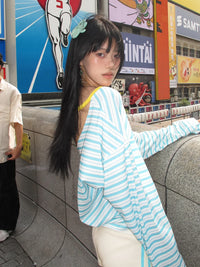 Japanese Y2K Blue Striped Low Cut V Neck Long Sleeve Top — dettaglio