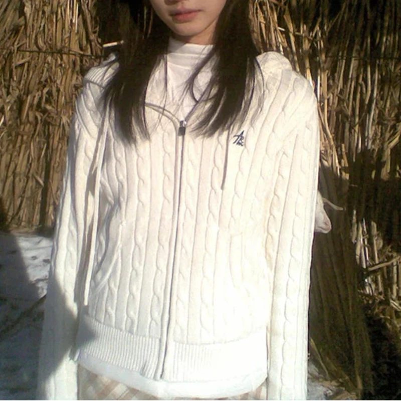 Japanese Y2K Cable Knit White Hooded Cardigan — vista posteriore