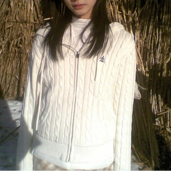 Japanese Y2K Cable Knit White Hooded Cardigan