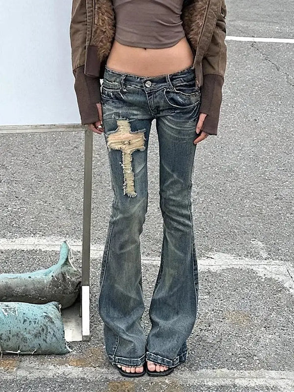 Japanese Y2K Distressed Cross Skinny Flared Jeans — vista frontale