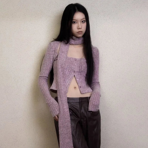 Korean Style Y2K Vintage Purple Short Cardigan With Scarf — vista frontale