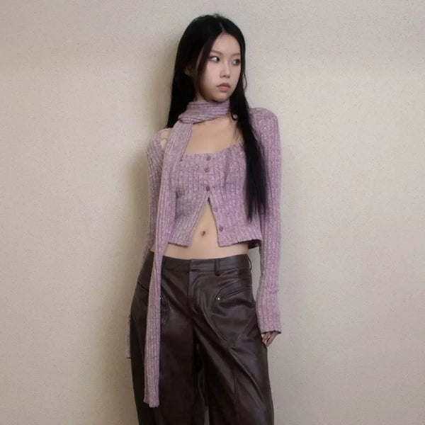 Korean Style Y2K Vintage Purple Short Cardigan With Scarf