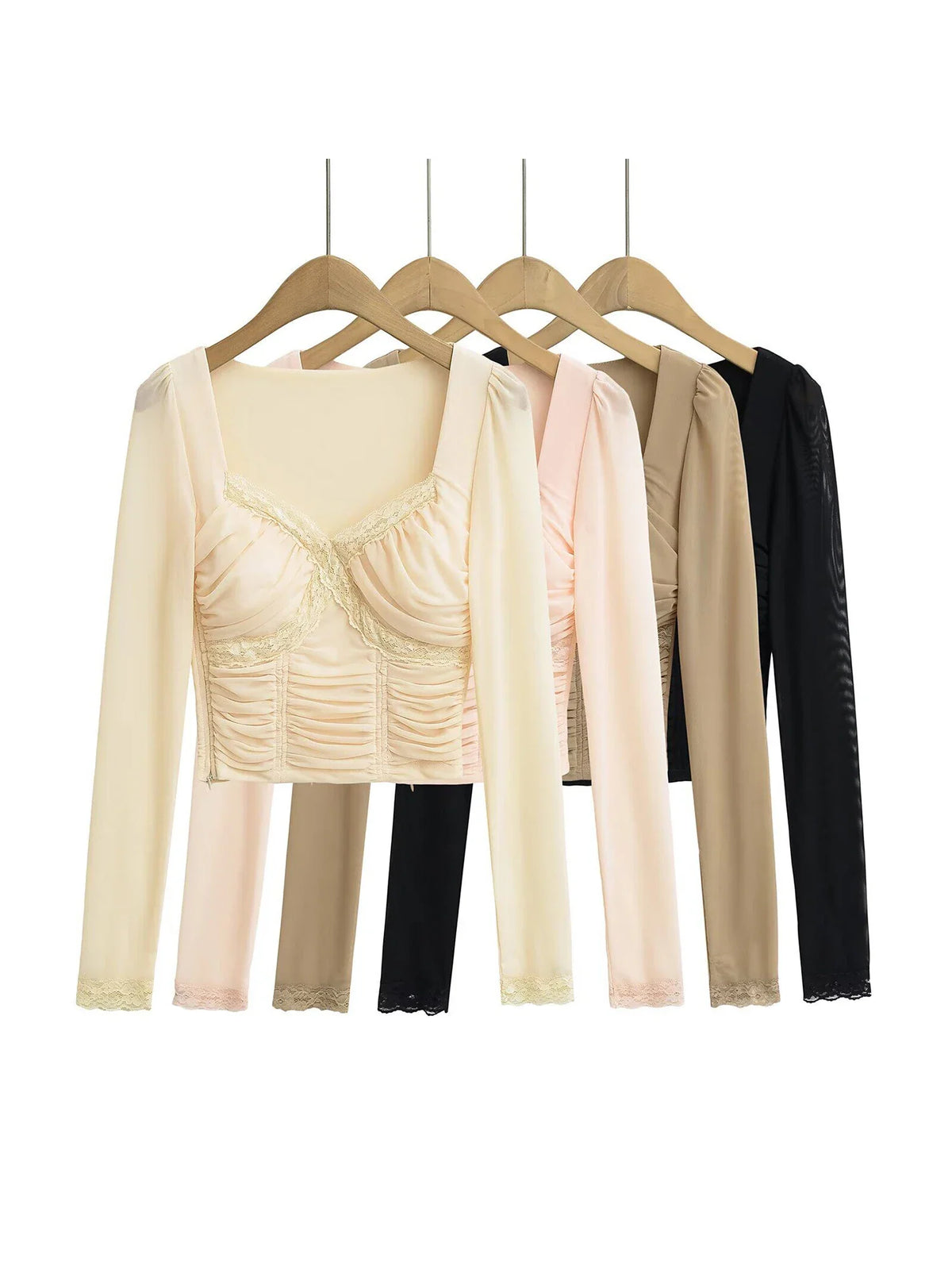 Lace Y2K Cropped Long Sleeve Low Cut Top — vista laterale
