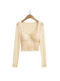 Lace Y2K Cropped Long Sleeve Low Cut Top — vista completa
