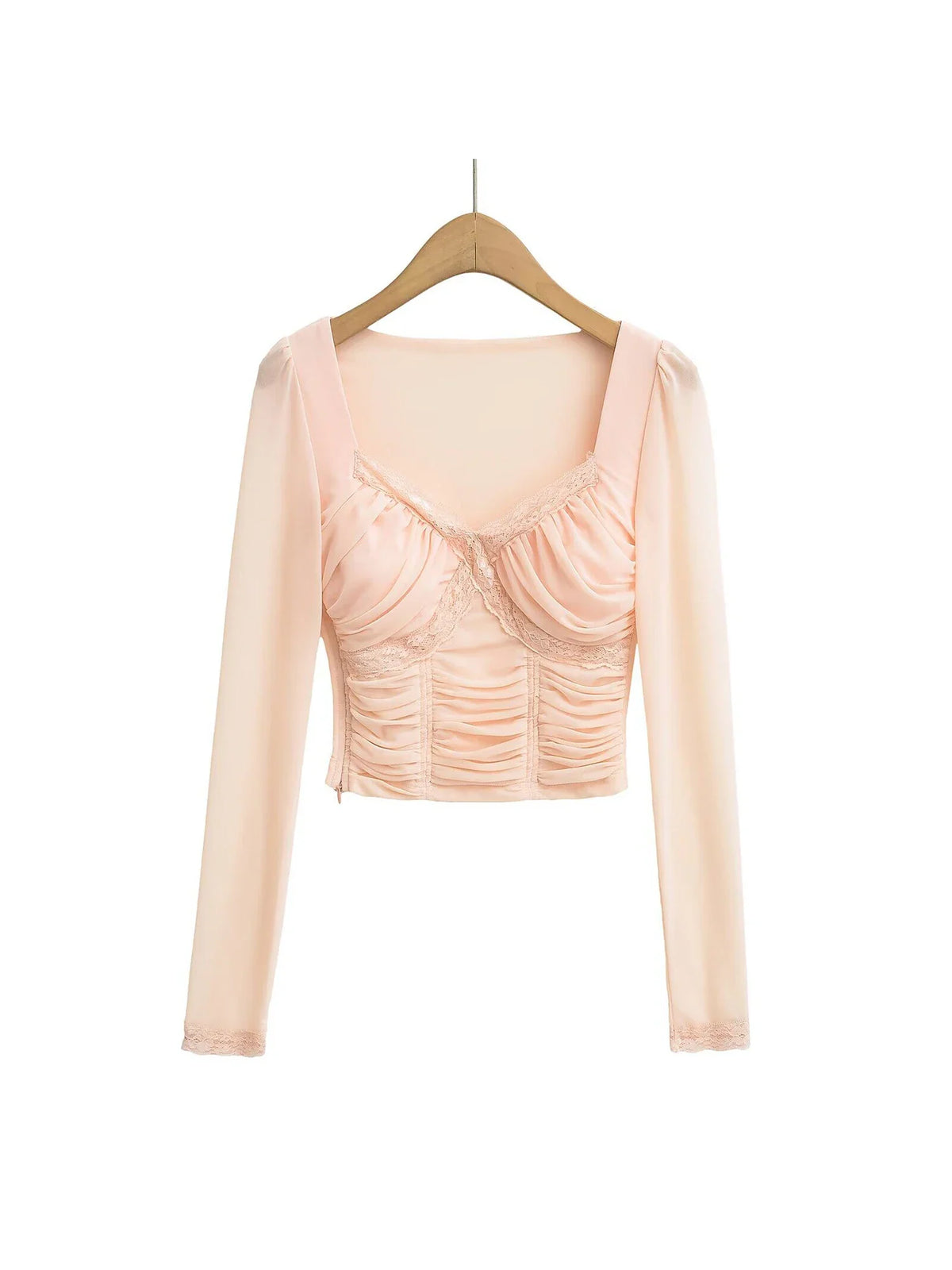 Lace Y2K Cropped Long Sleeve Low Cut Top — vista frontale