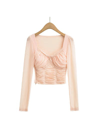 Lace Y2K Cropped Long Sleeve Low Cut Top — vista frontale