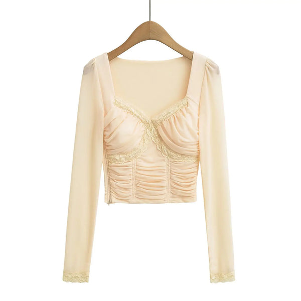 Lace Y2K Cropped Long Sleeve Low Cut Top — vista frontale