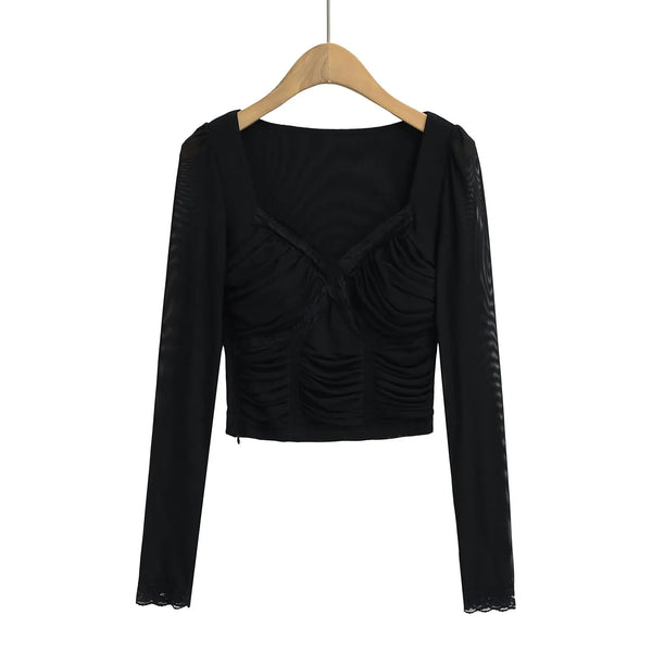 Lace Y2K Cropped Long Sleeve Low Cut Top