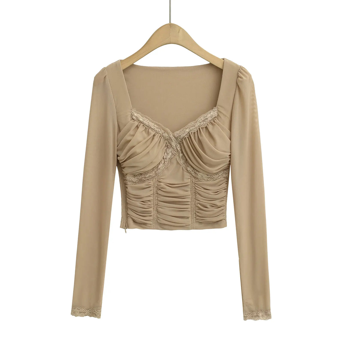 Lace Y2K Cropped Long Sleeve Low Cut Top — dettaglio