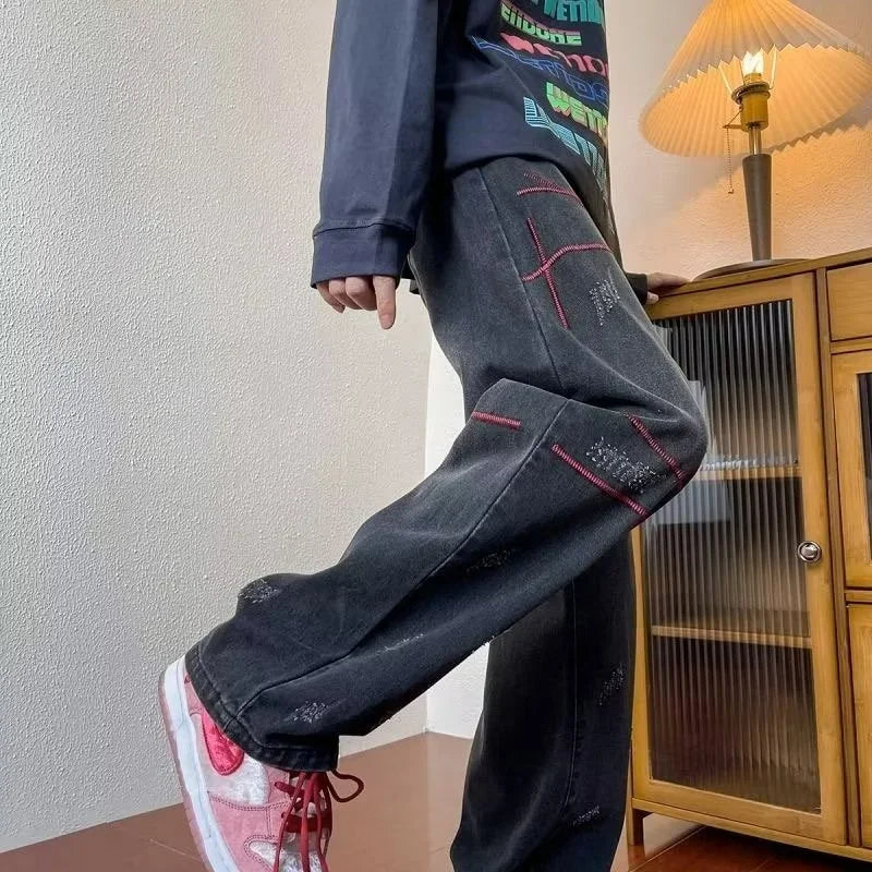 Mens Baggy Straight Leg Distressed Y2K Jeans — dettaglio della stampa