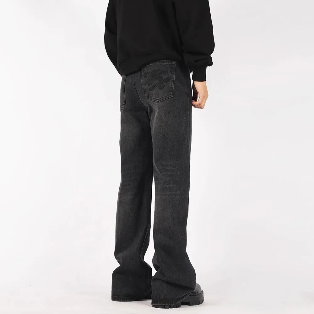 Mens Black Y2K Letter Embroidered Flared Denim Jeans — dettaglio