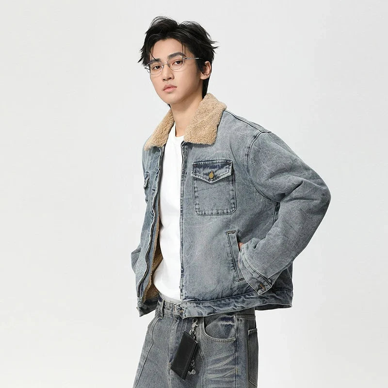 Mens Y2K Faux Wool Collar Washed Denim Jacket — dettaglio