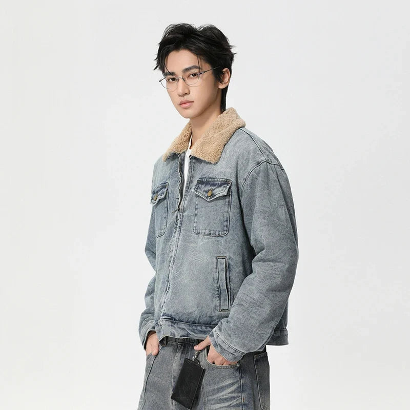 Mens Y2K Faux Wool Collar Washed Denim Jacket — dettaglio della stampa