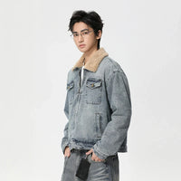 Mens Y2K Faux Wool Collar Washed Denim Jacket — dettaglio della stampa