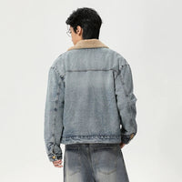 Mens Y2K Faux Wool Collar Washed Denim Jacket — in alternativa