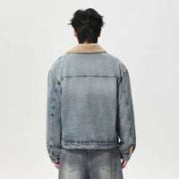 Mens Y2K Faux Wool Collar Washed Denim Jacket — vista laterale